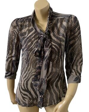Notations Sheer Animal Print Blouse Womens Small Tie Neck Button Front Top